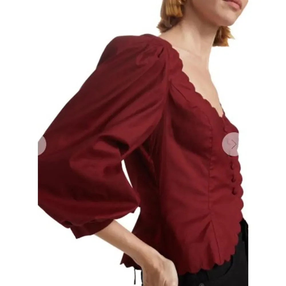 NEW Reformation Elianna Button-Up Blouse Top Cotton Burgundy Red Size 10